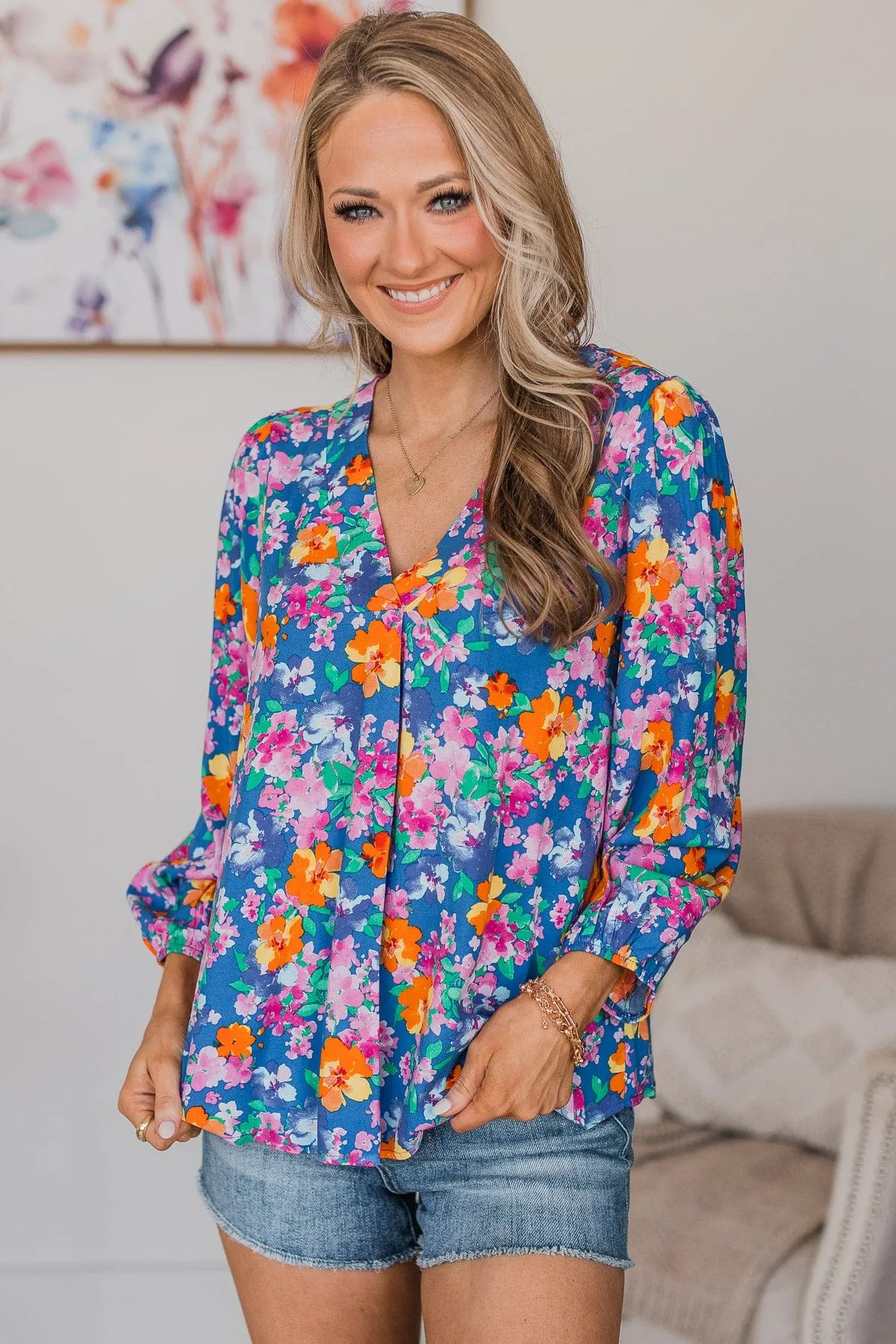 Instant Connection Floral Blouse- Royal Blue