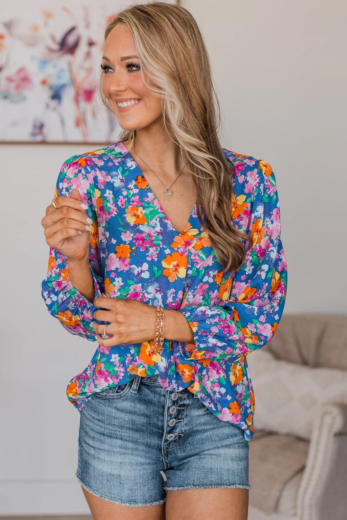 Instant Connection Floral Blouse- Royal Blue