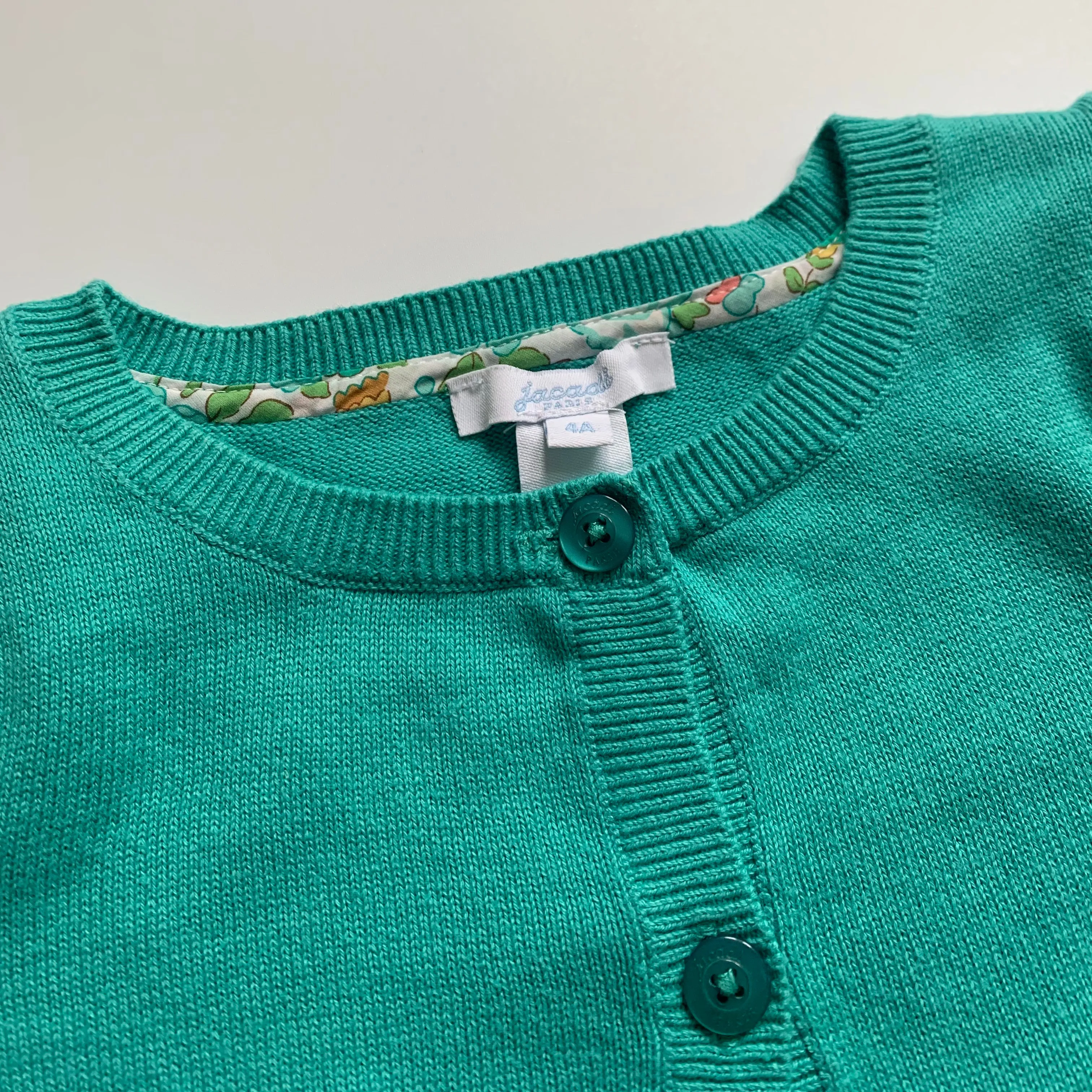 Jacadi Green Cotton Cardigan With Liberty Print Trim: 4 Years