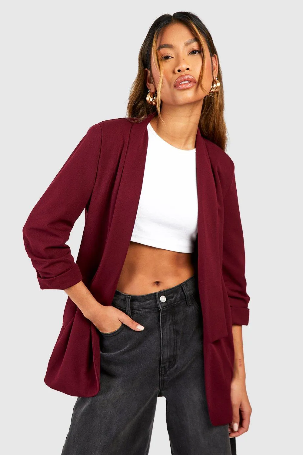 Jersey Knit Crepe Ruched Sleeve Plunge Lapel Blazer