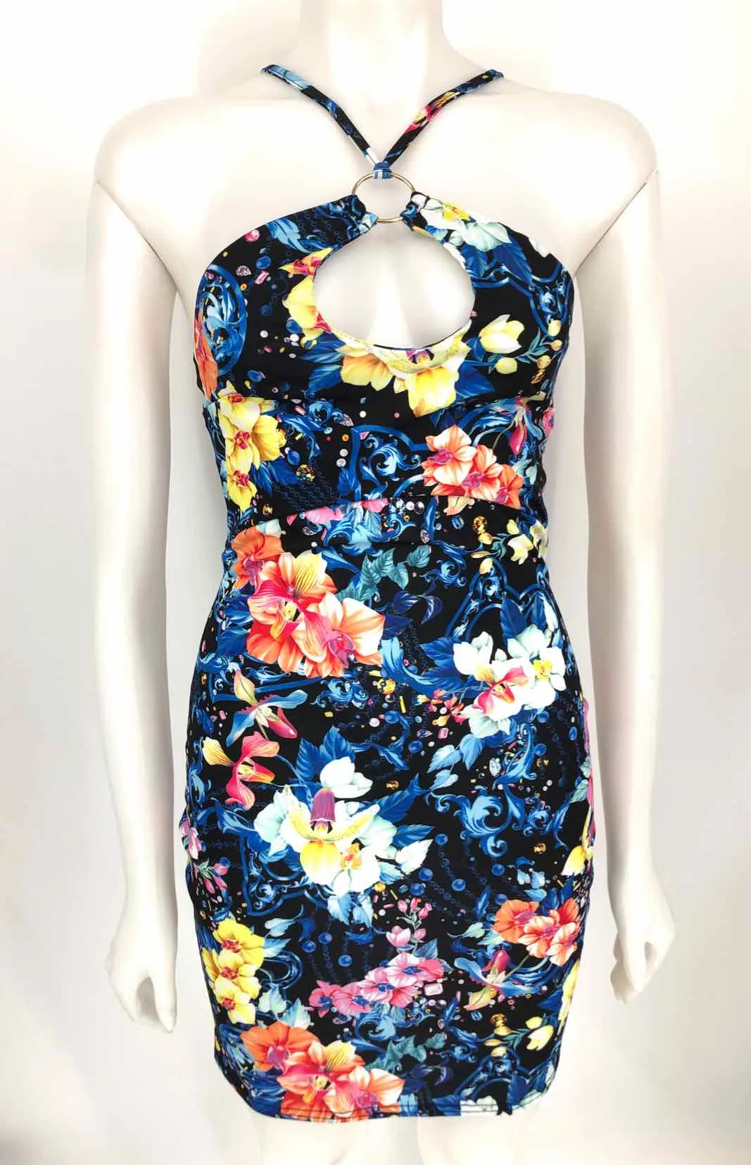 KAREN MILLEN Blue Pink Multi Floral Halter Size 6  (S) Dress