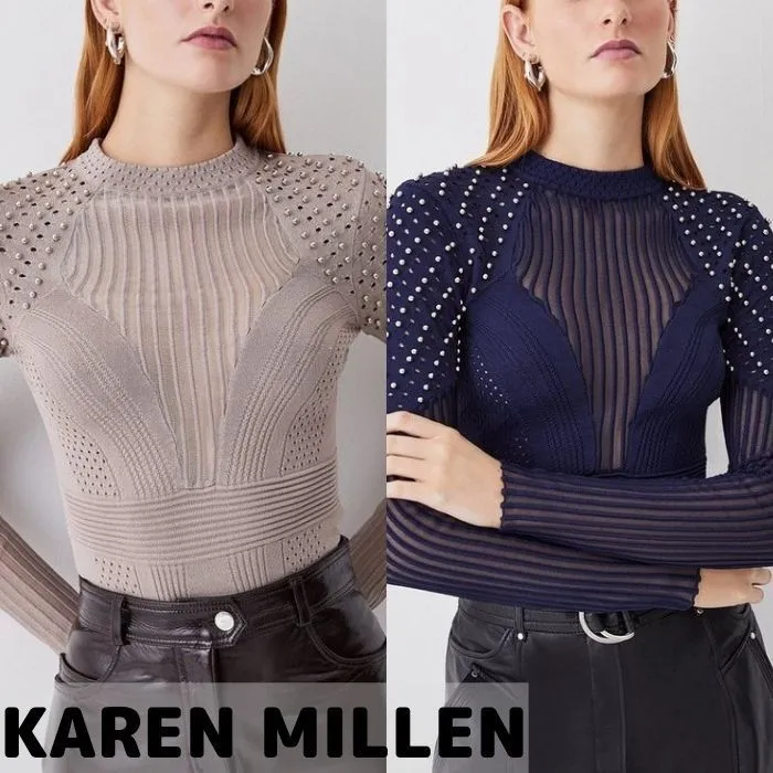 Karen Millen  |Casual Style Rib Studded Street Style Long Sleeves Plain