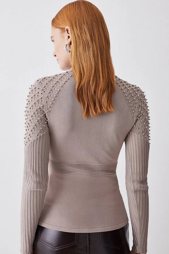 Karen Millen  |Casual Style Rib Studded Street Style Long Sleeves Plain