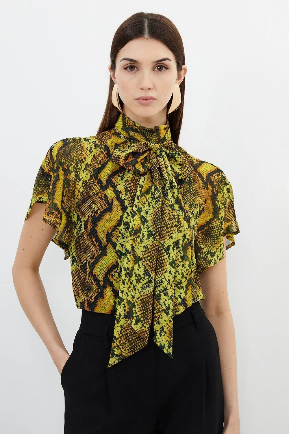 Karen Millen  |Casual Style Short Sleeves Python Puff Sleeves