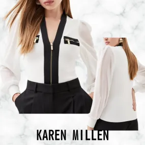 Karen Millen  |Casual Style V-Neck Bi-color Long Sleeves Plain Party Style