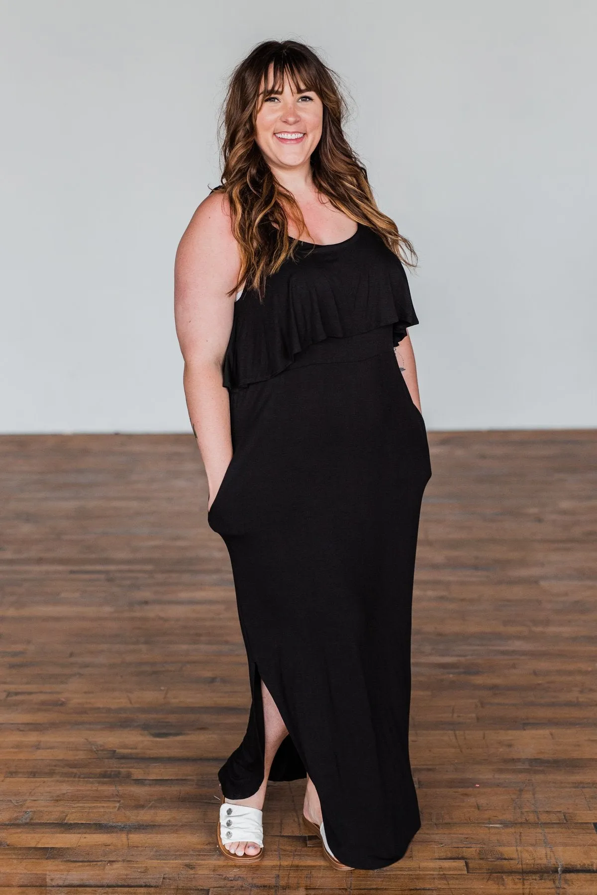 Love Connection Ruffle Maxi Dress- Black