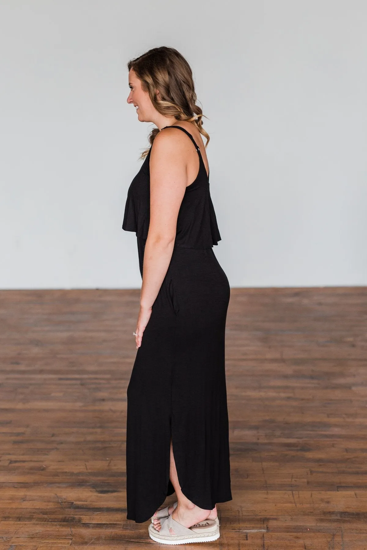 Love Connection Ruffle Maxi Dress- Black