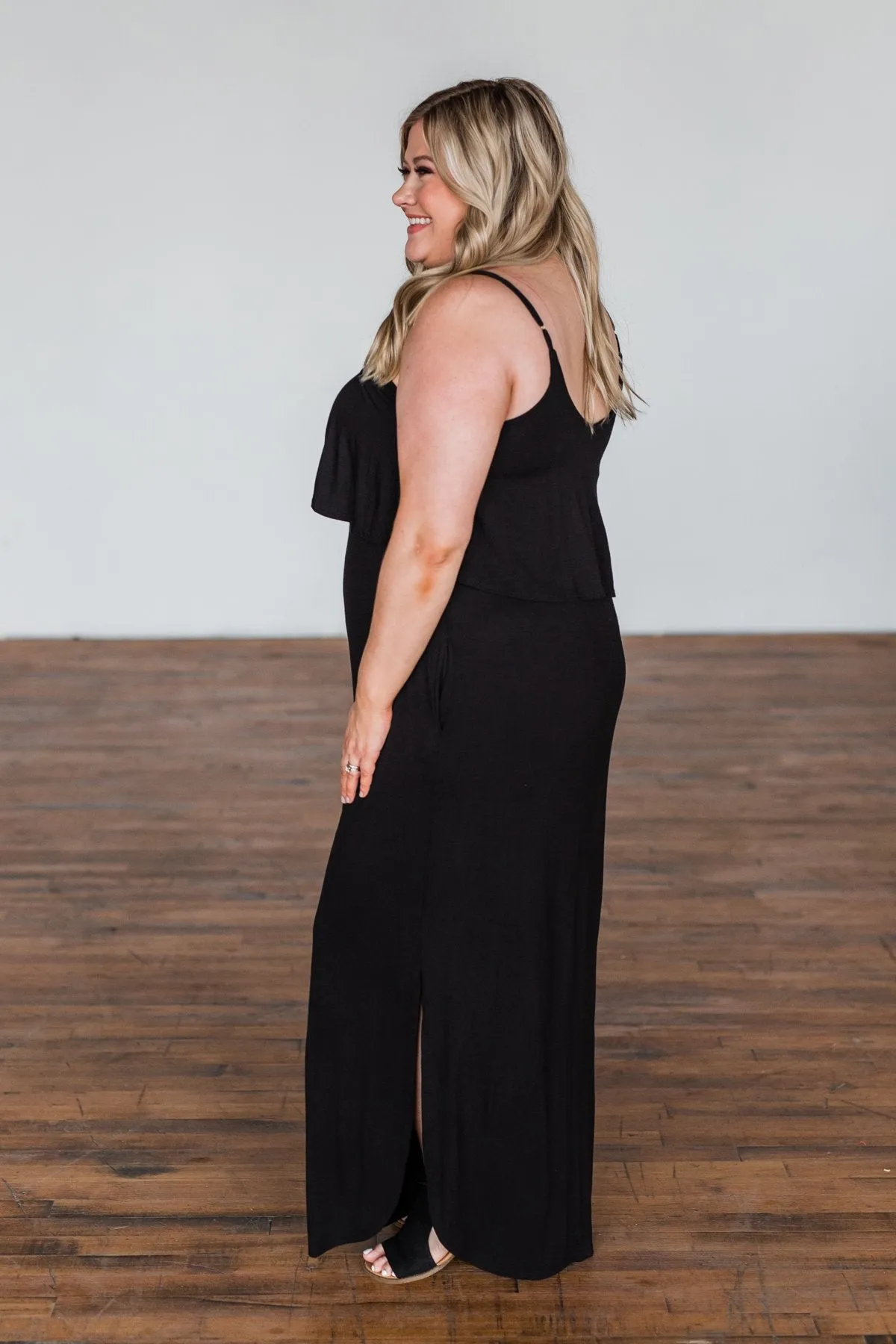 Love Connection Ruffle Maxi Dress- Black