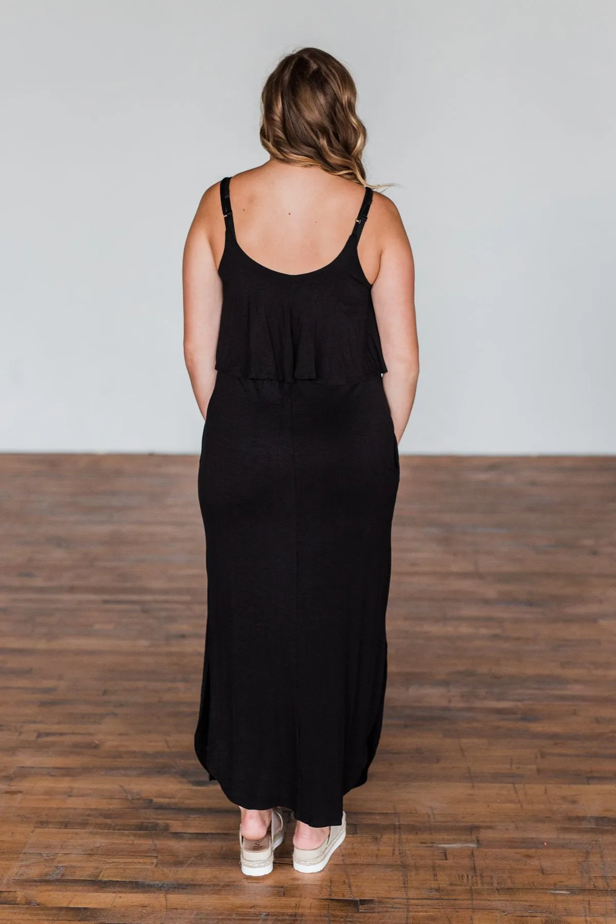 Love Connection Ruffle Maxi Dress- Black