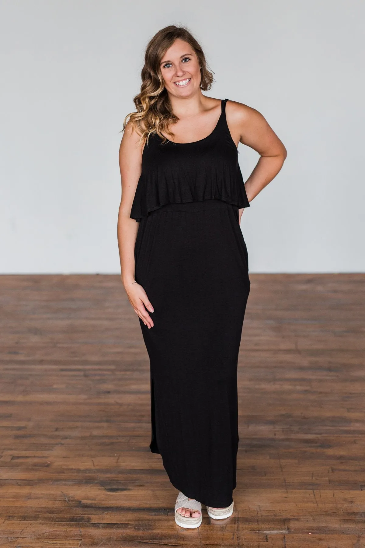 Love Connection Ruffle Maxi Dress- Black