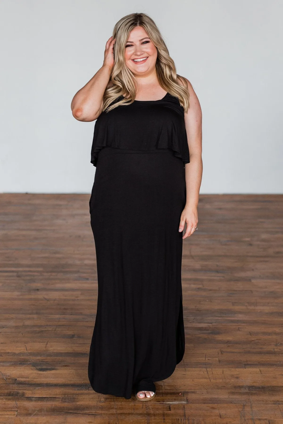 Love Connection Ruffle Maxi Dress- Black