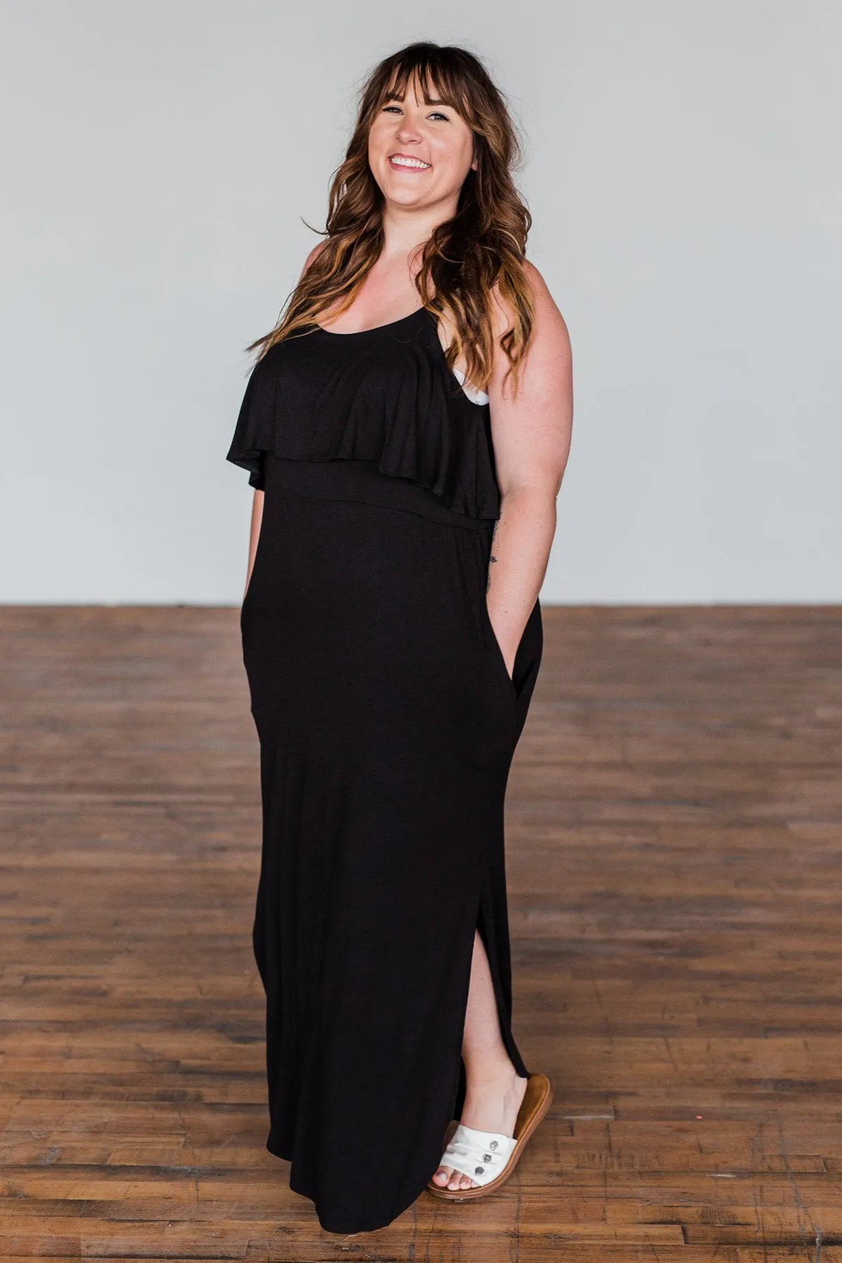 Love Connection Ruffle Maxi Dress- Black