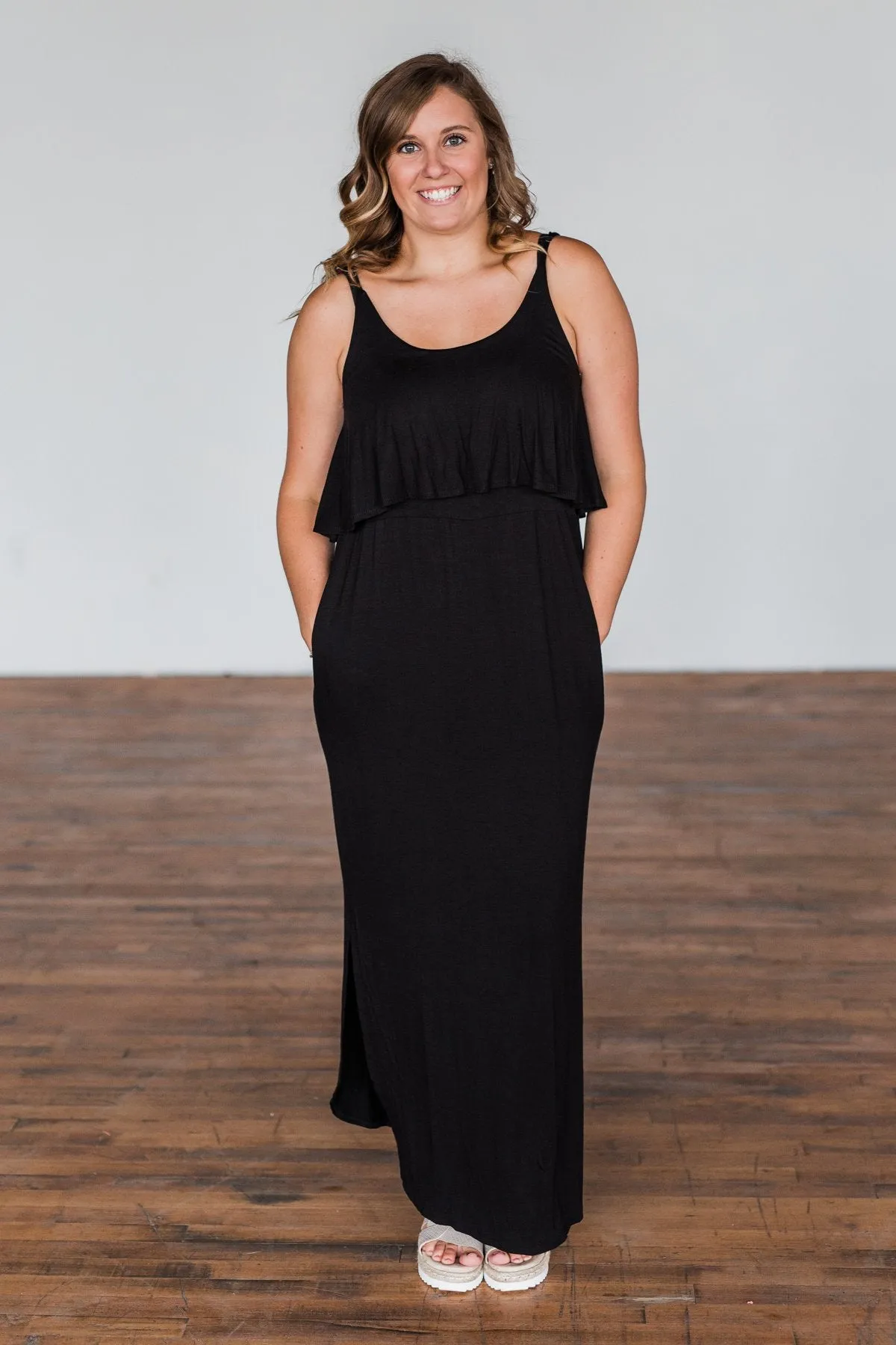 Love Connection Ruffle Maxi Dress- Black