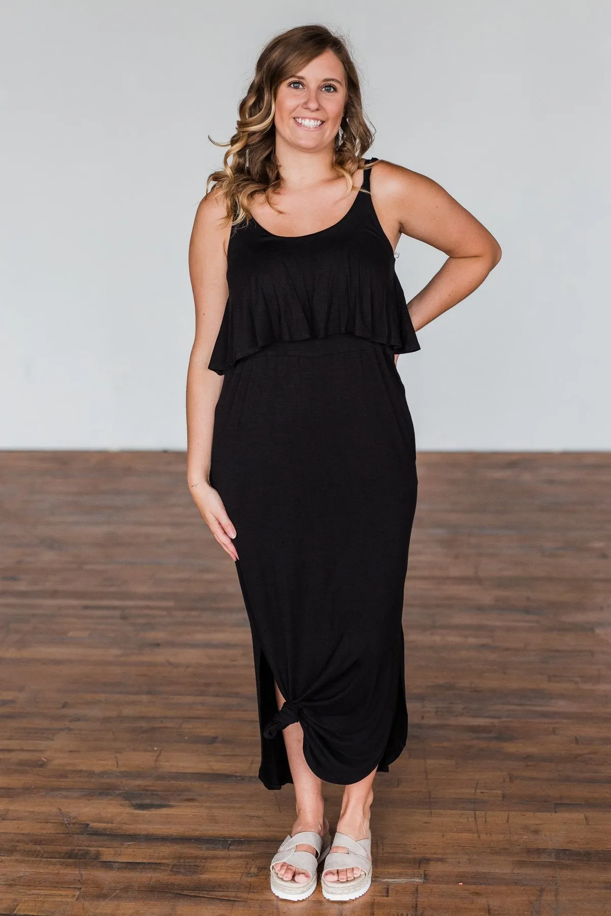 Love Connection Ruffle Maxi Dress- Black