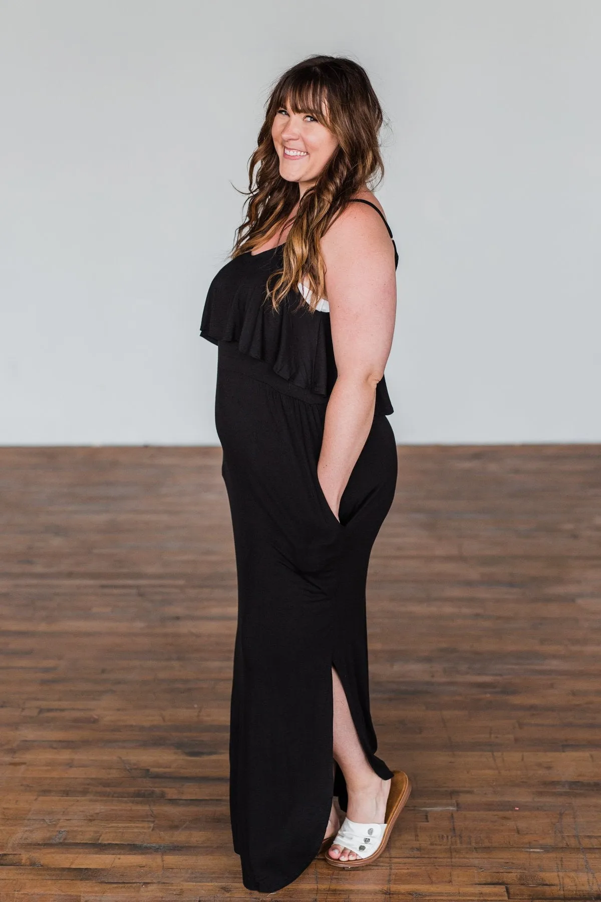 Love Connection Ruffle Maxi Dress- Black