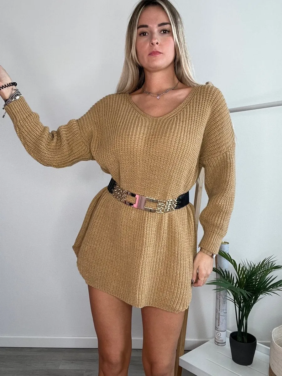 Maglione oversize camel con scollo ampio