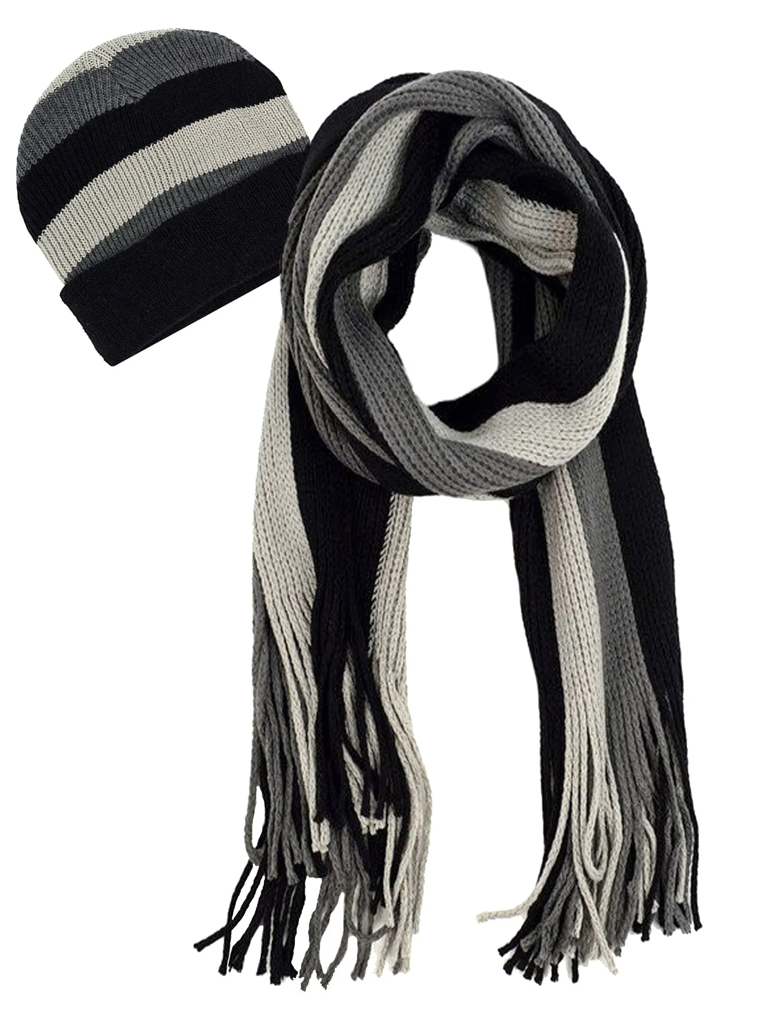 Mens Gray Black & White Stripe Winter Knit Hat & Scarf Set