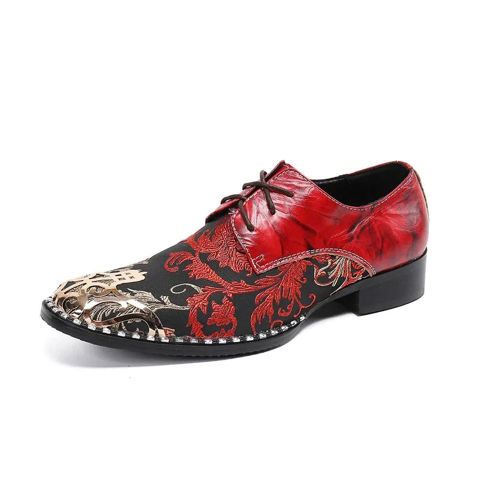 Men's Vintage Printed Metal Pointed Toe Lace-Up Handmade Oxford Shoes