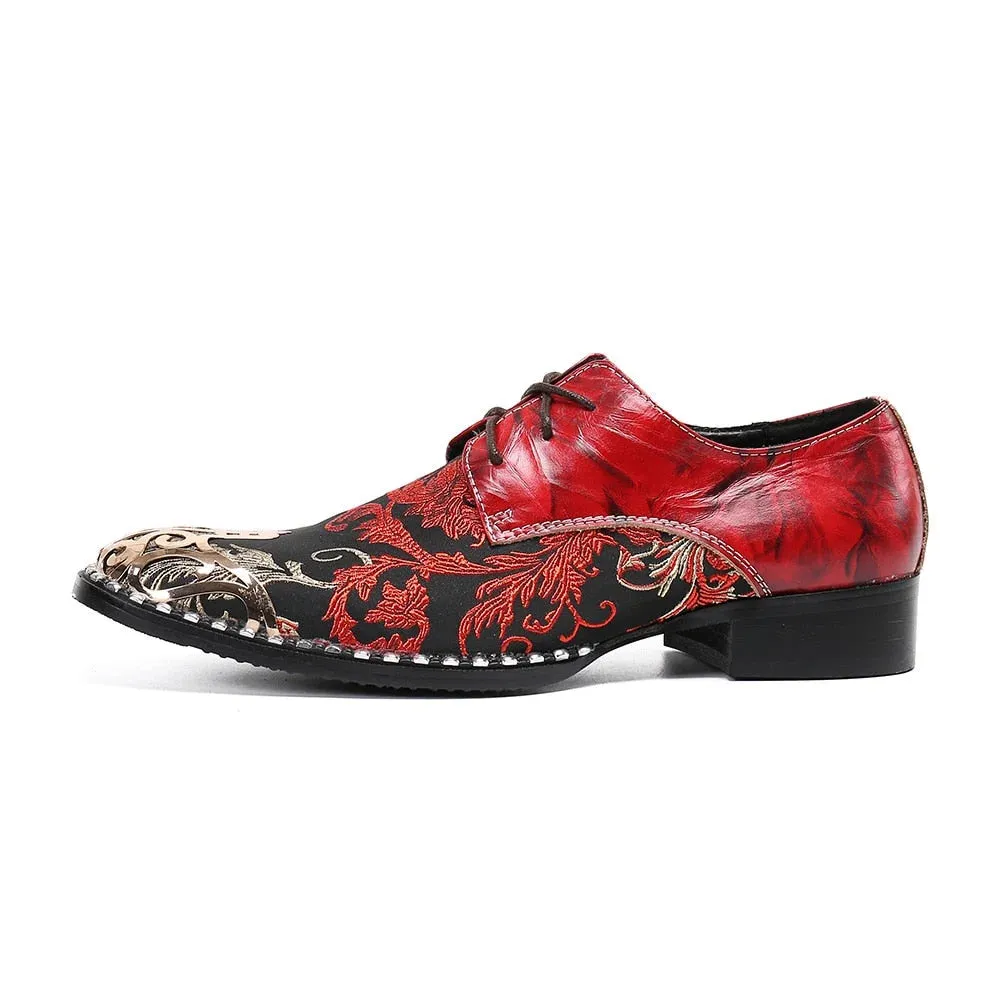 Men's Vintage Printed Metal Pointed Toe Lace-Up Handmade Oxford Shoes