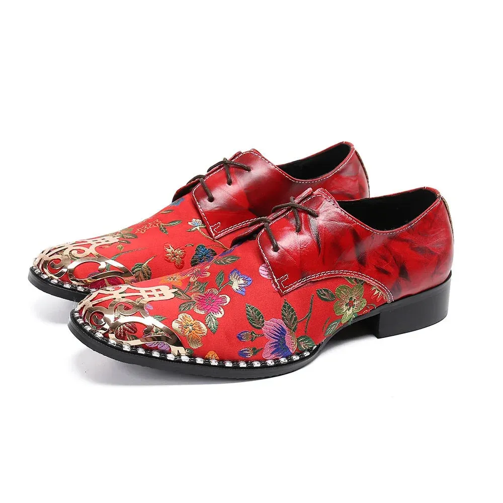 Men's Vintage Printed Metal Pointed Toe Lace-Up Handmade Oxford Shoes