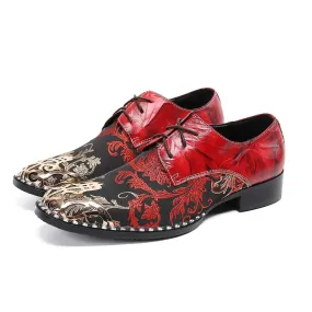 Men's Vintage Printed Metal Pointed Toe Lace-Up Handmade Oxford Shoes