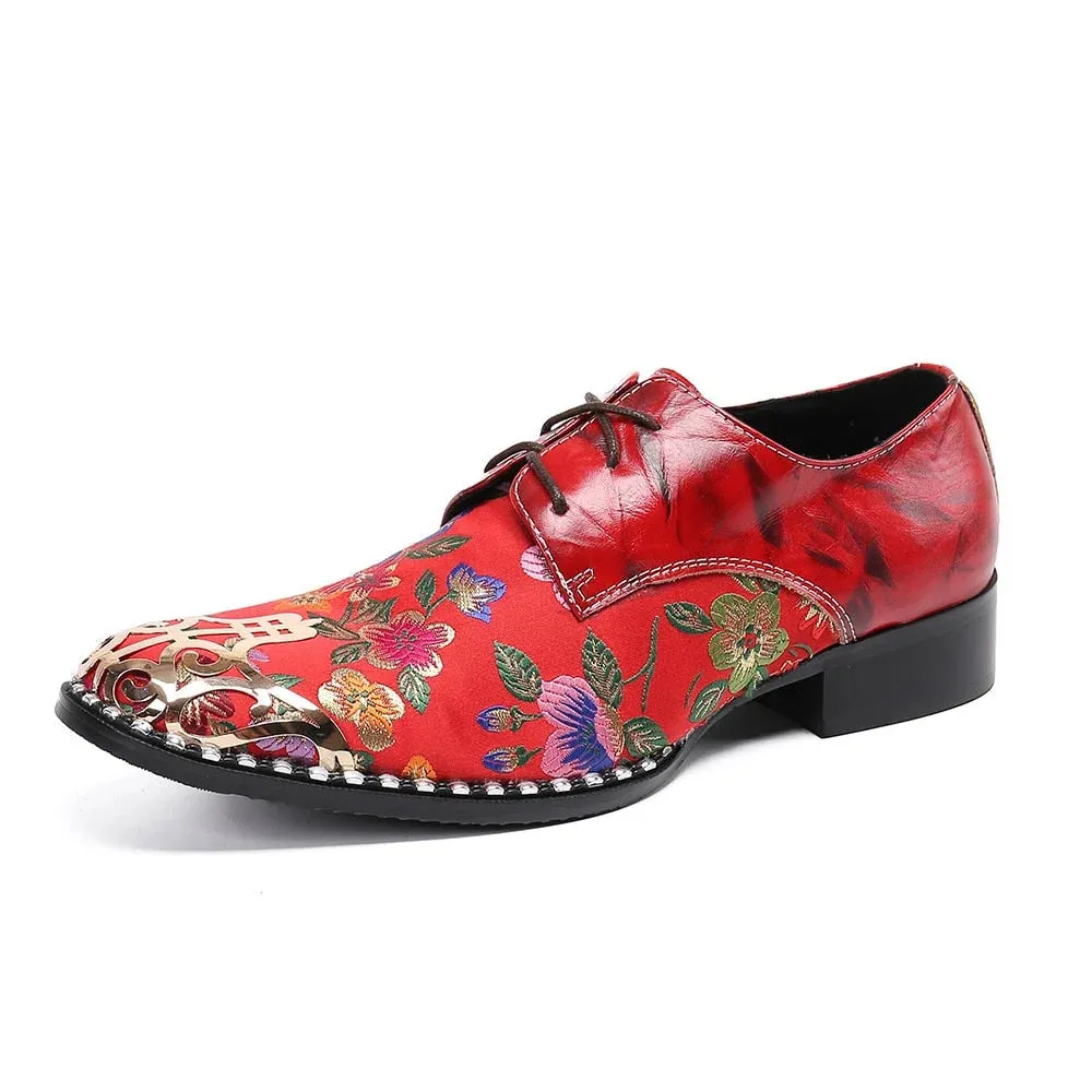 Men's Vintage Printed Metal Pointed Toe Lace-Up Handmade Oxford Shoes