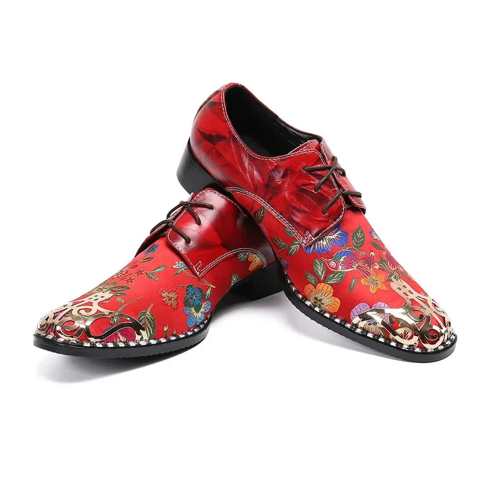 Men's Vintage Printed Metal Pointed Toe Lace-Up Handmade Oxford Shoes