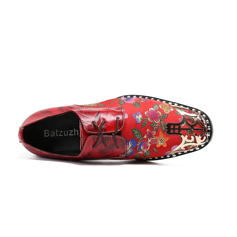 Men's Vintage Printed Metal Pointed Toe Lace-Up Handmade Oxford Shoes