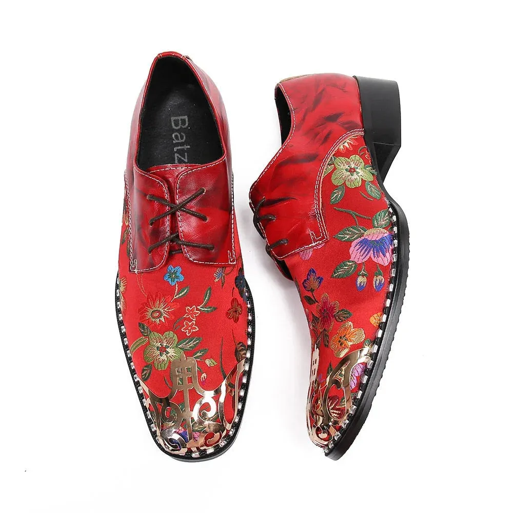 Men's Vintage Printed Metal Pointed Toe Lace-Up Handmade Oxford Shoes