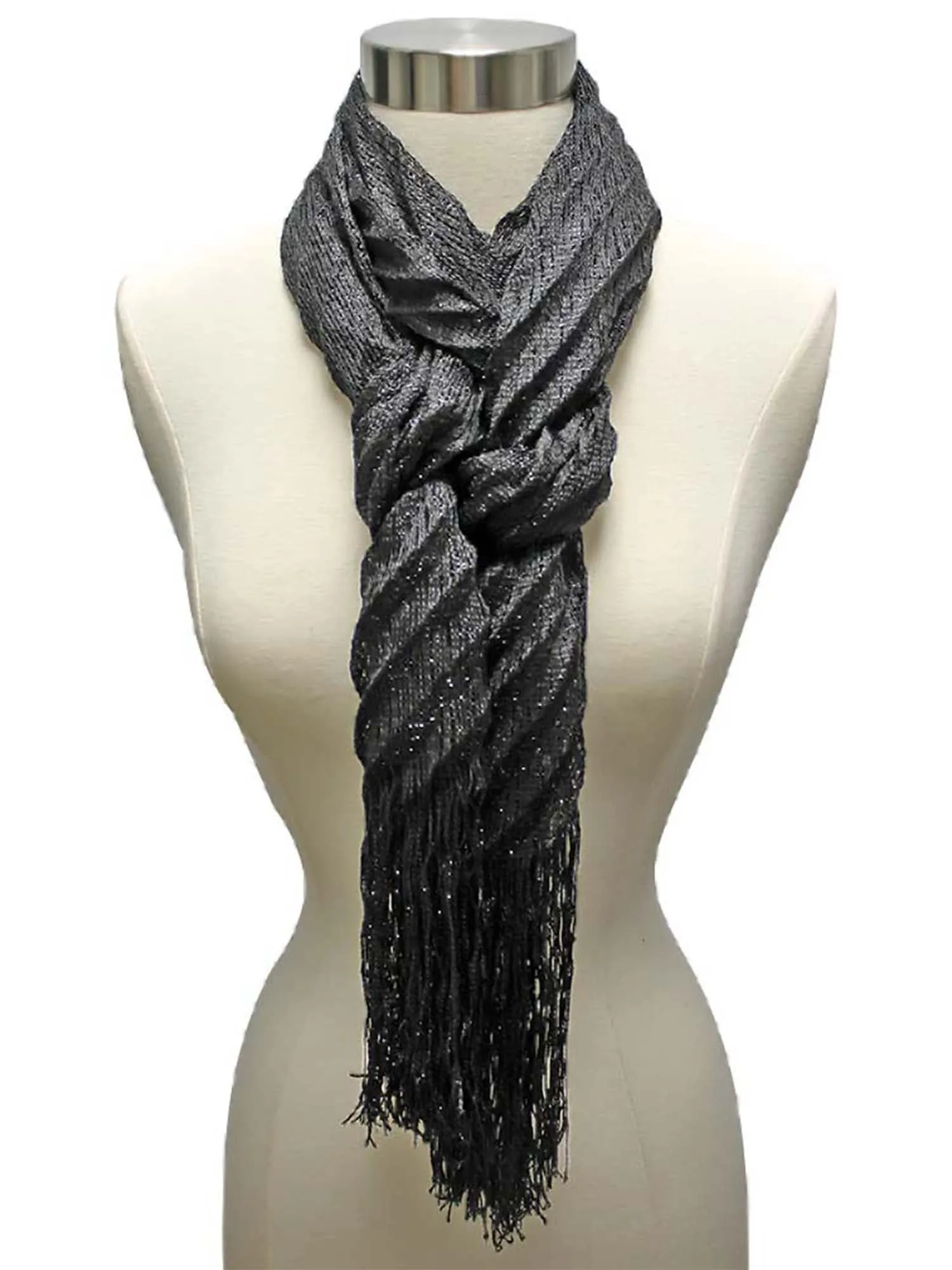 Metallic Pleated Long Fringed Scarf