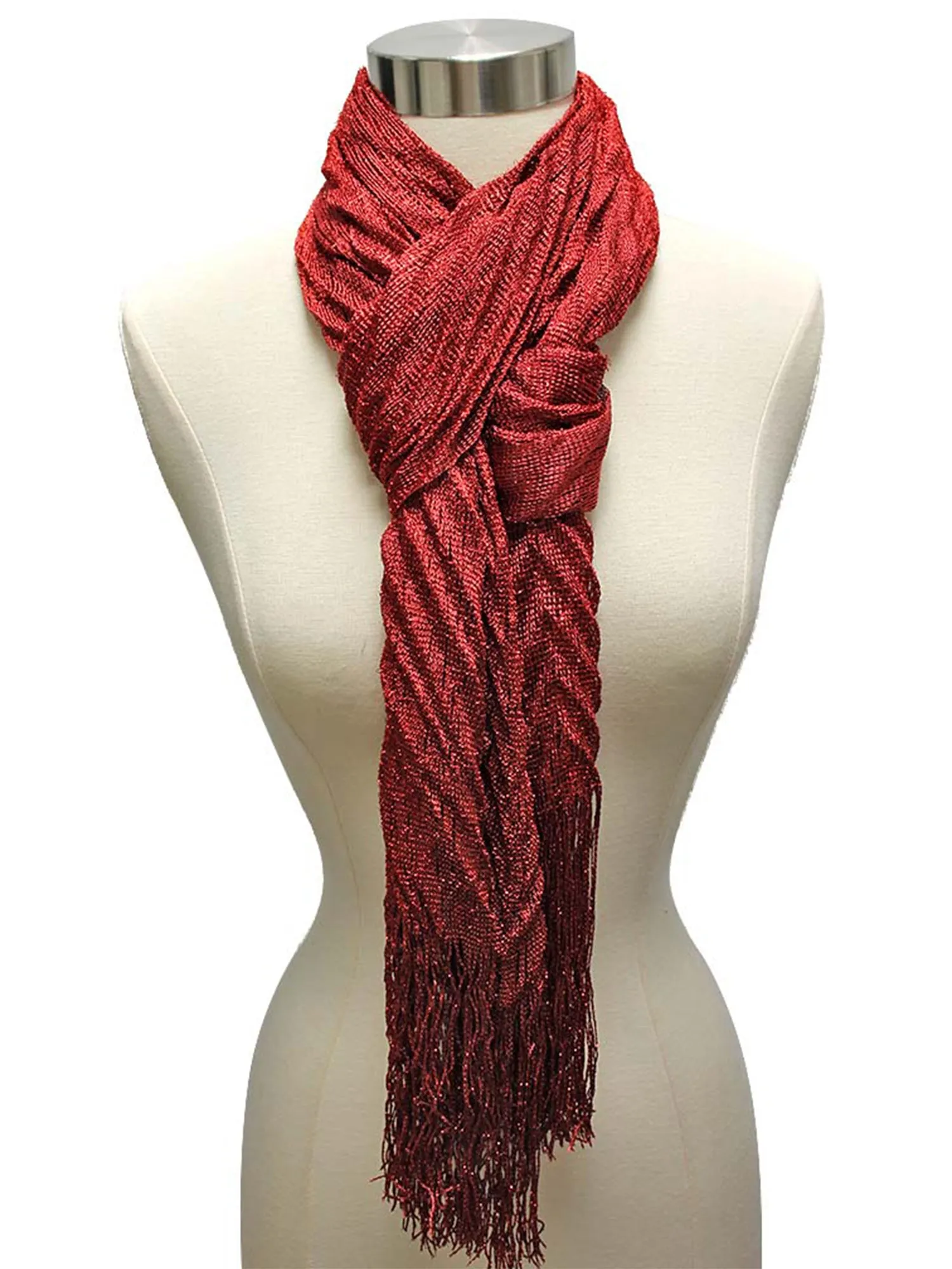 Metallic Pleated Long Fringed Scarf