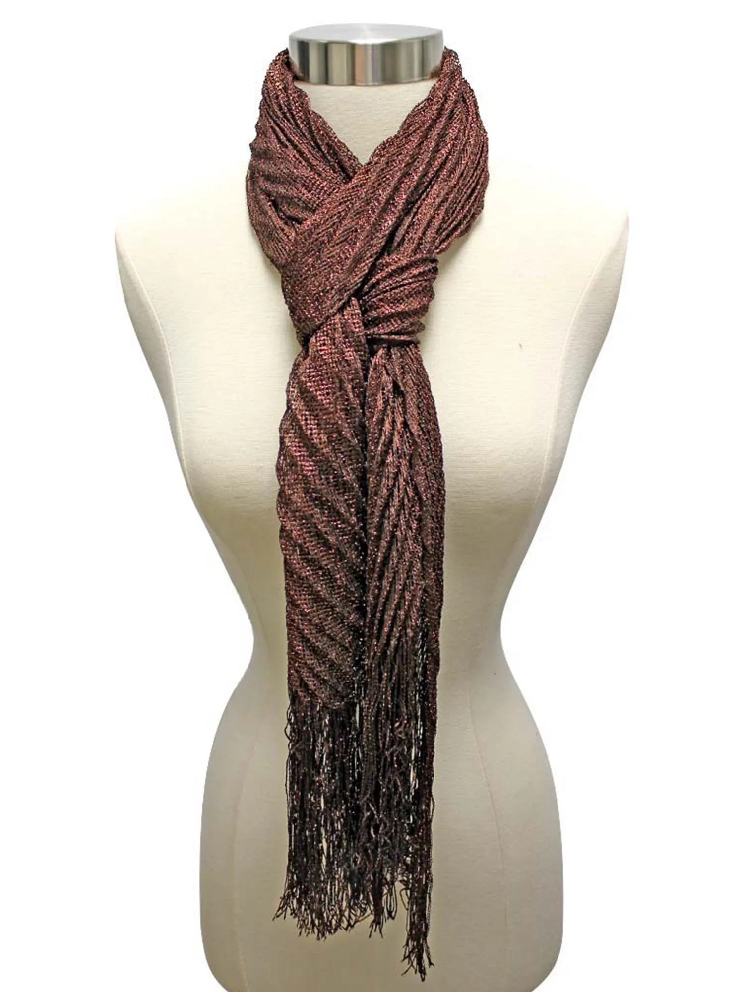 Metallic Pleated Long Fringed Scarf