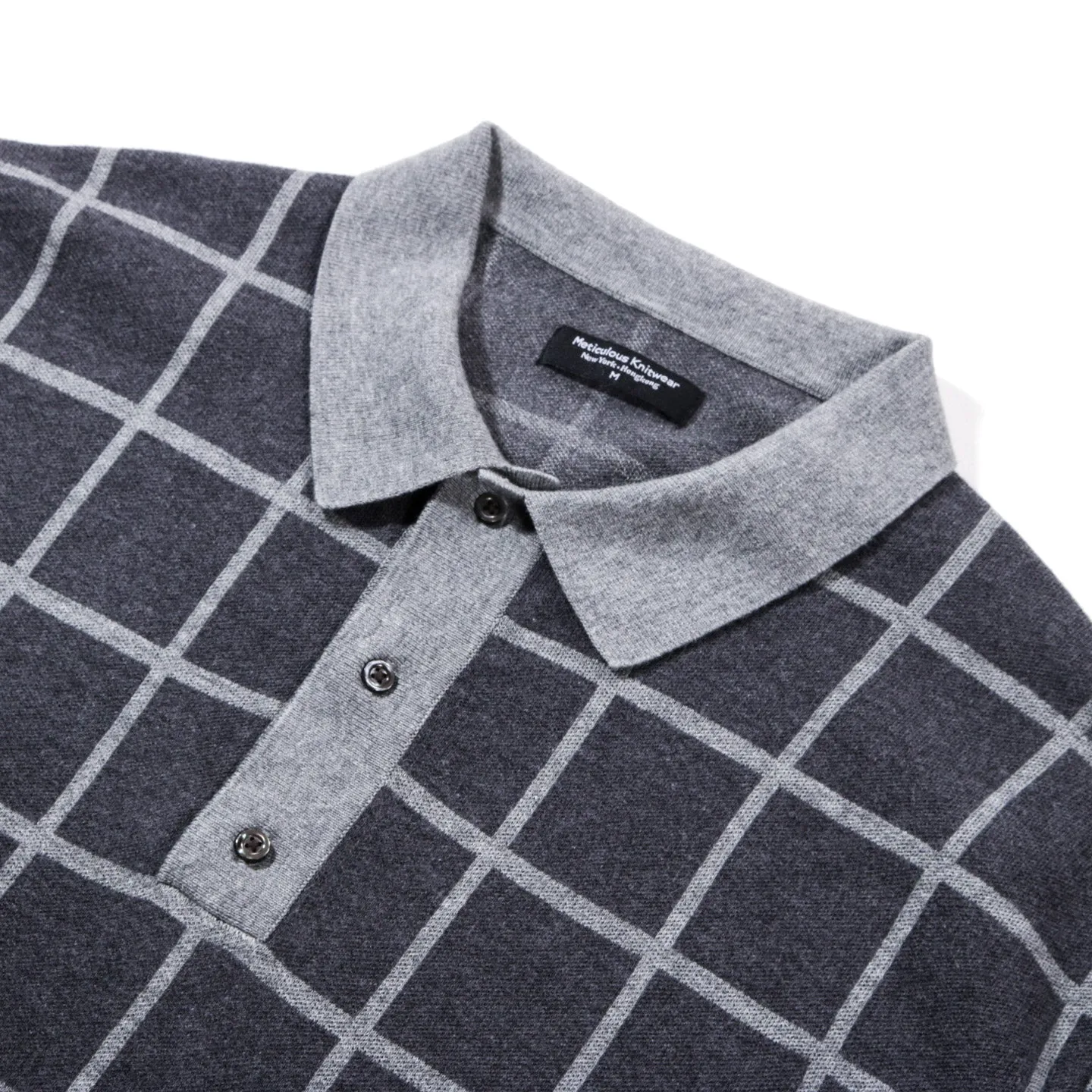 METICULOUS KNITWEAR LS POLO CHARCOAL / GREY WINDOW PANE