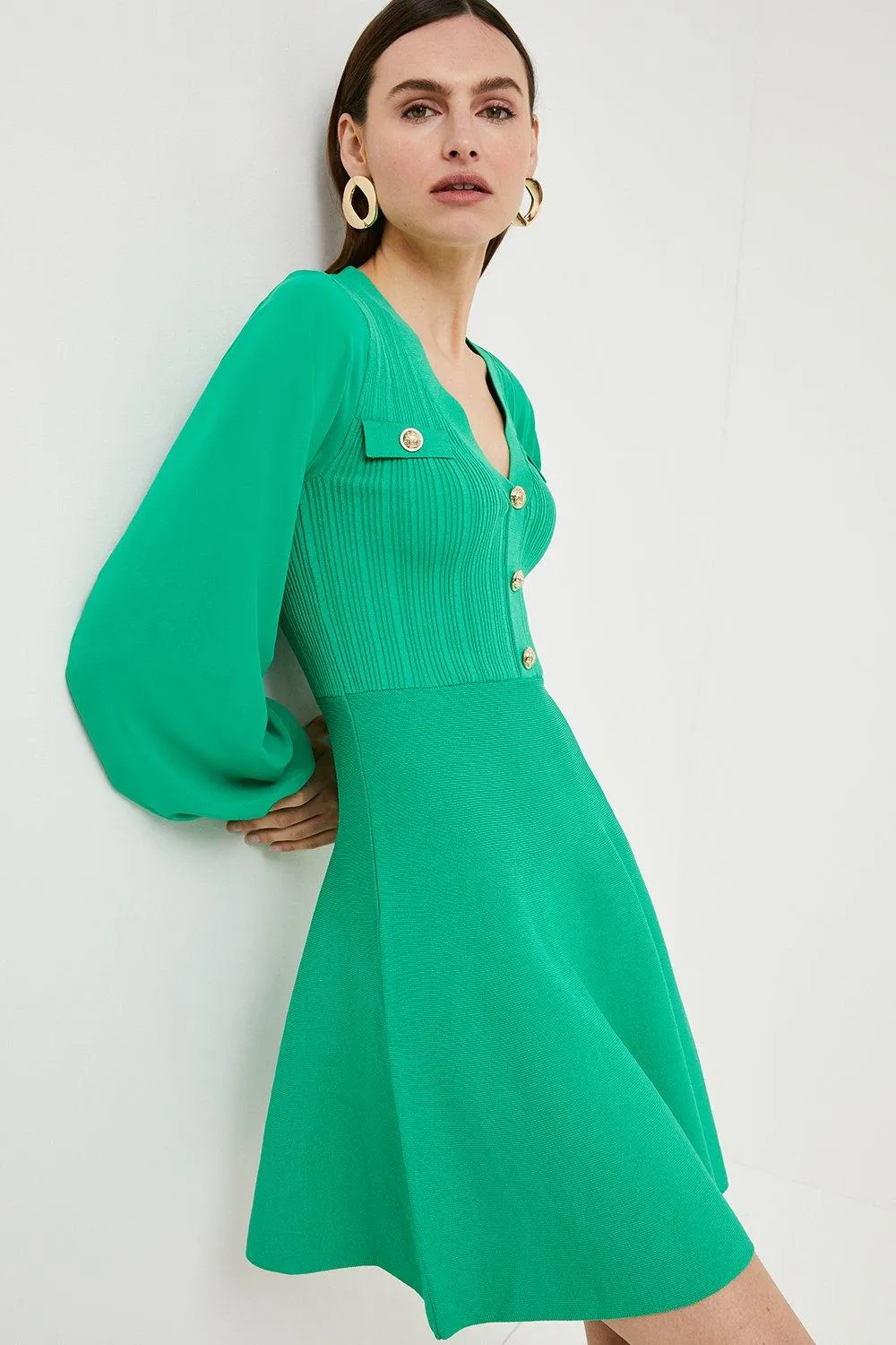 Military Trim Chiffon Sleeve Knitted Dress | Karen Millen