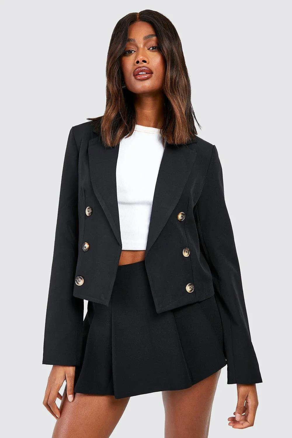 Mock Horn Double Breasted Longline Cropped Blazer