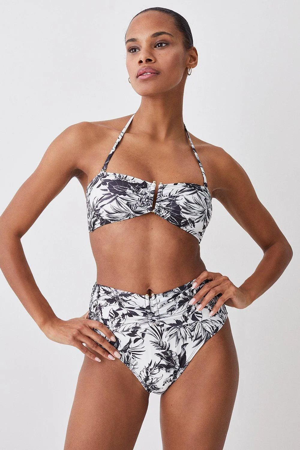 Mono Print Gold Trim High Waist Bikini Bottoms | Karen Millen