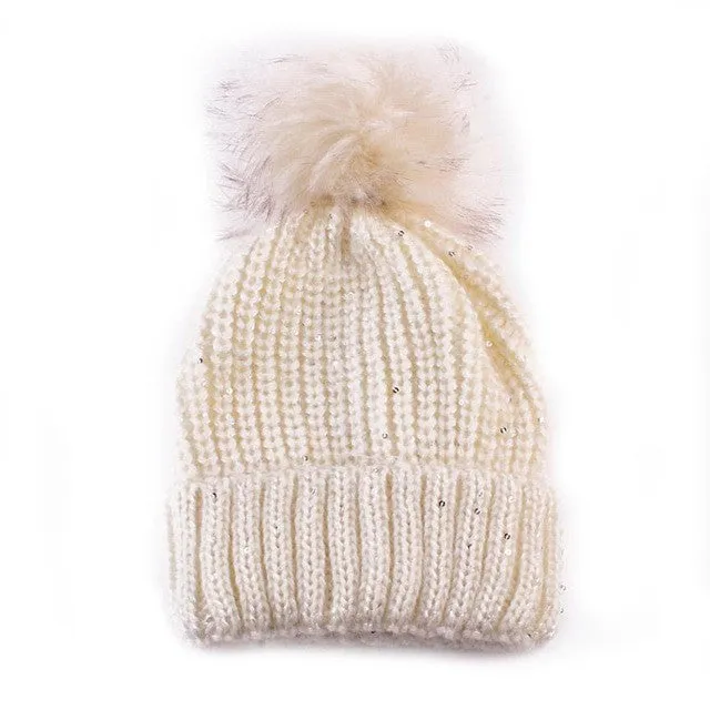 New Fashion  Hats For Women Girls Knitted Keep Warm Solid Faux Fur Pompon Hats Female Skullies & Beanies SM6