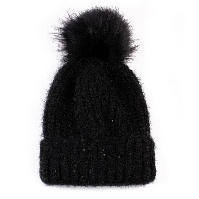 New Fashion  Hats For Women Girls Knitted Keep Warm Solid Faux Fur Pompon Hats Female Skullies & Beanies SM6