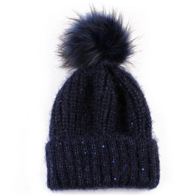 New Fashion  Hats For Women Girls Knitted Keep Warm Solid Faux Fur Pompon Hats Female Skullies & Beanies SM6