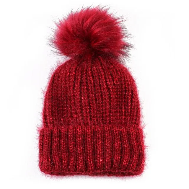 New Fashion  Hats For Women Girls Knitted Keep Warm Solid Faux Fur Pompon Hats Female Skullies & Beanies SM6