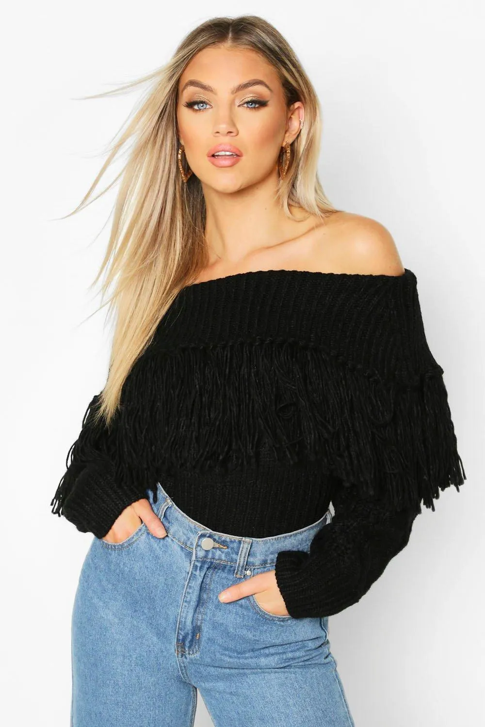 Off The Shoulder Fringe Detail Sweater