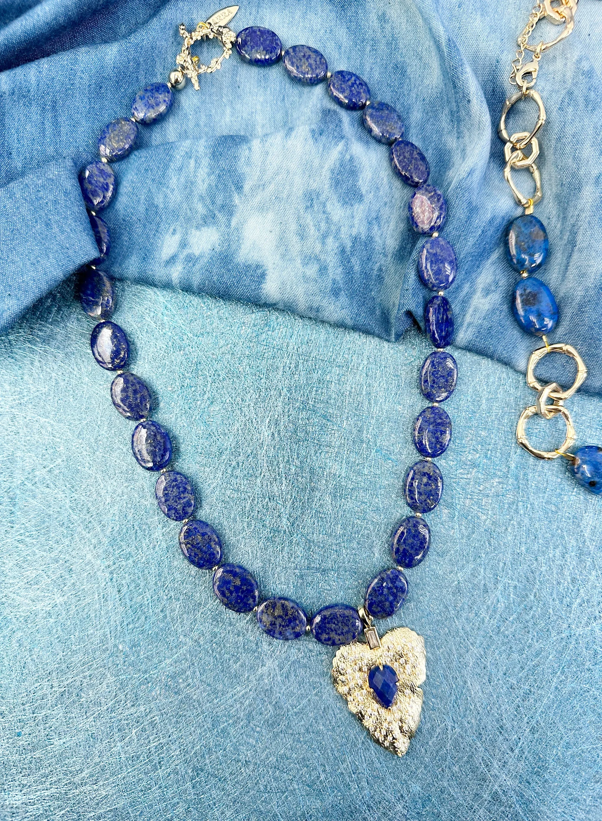 Oval Lapis With Leaf Pendant Necklace KN016