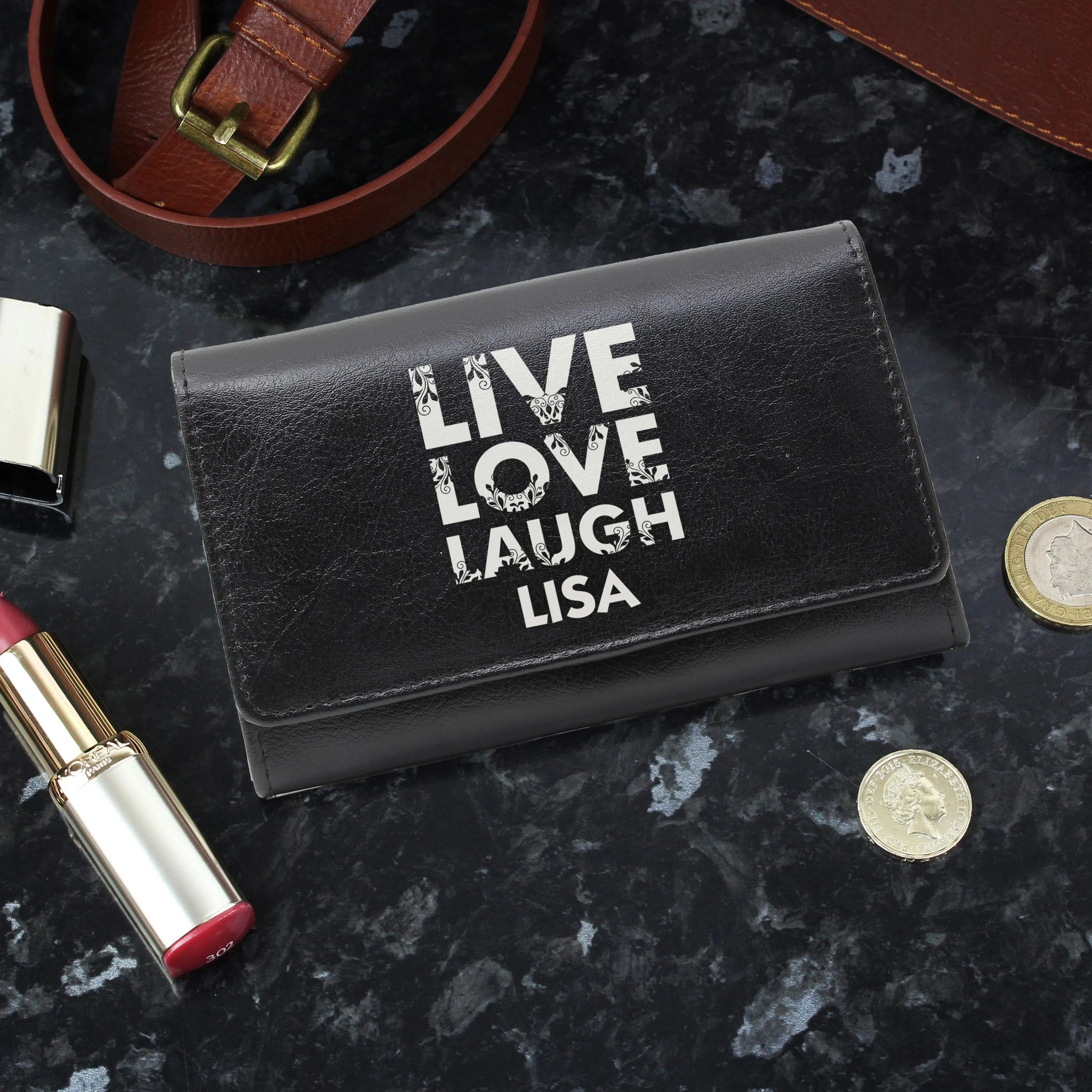 Personalised Live Laugh Love Black Leather Purse