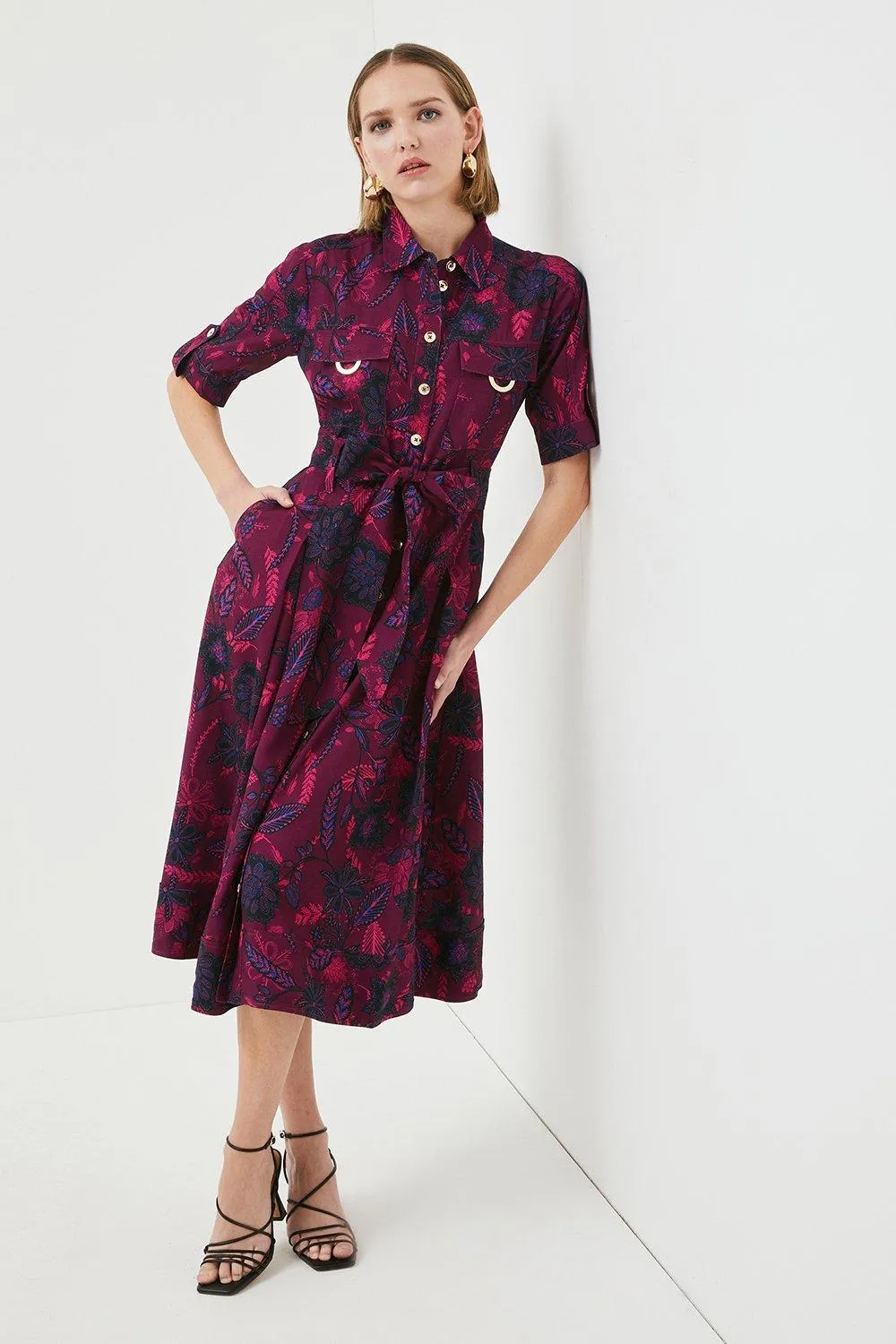 Petite Floral Batik Linen Woven Midi Shirt Dress | Karen Millen