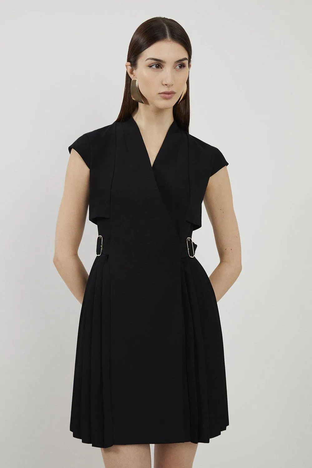 Petite Tailored Crepe Pleated Collarless Mini Dress | Karen Millen