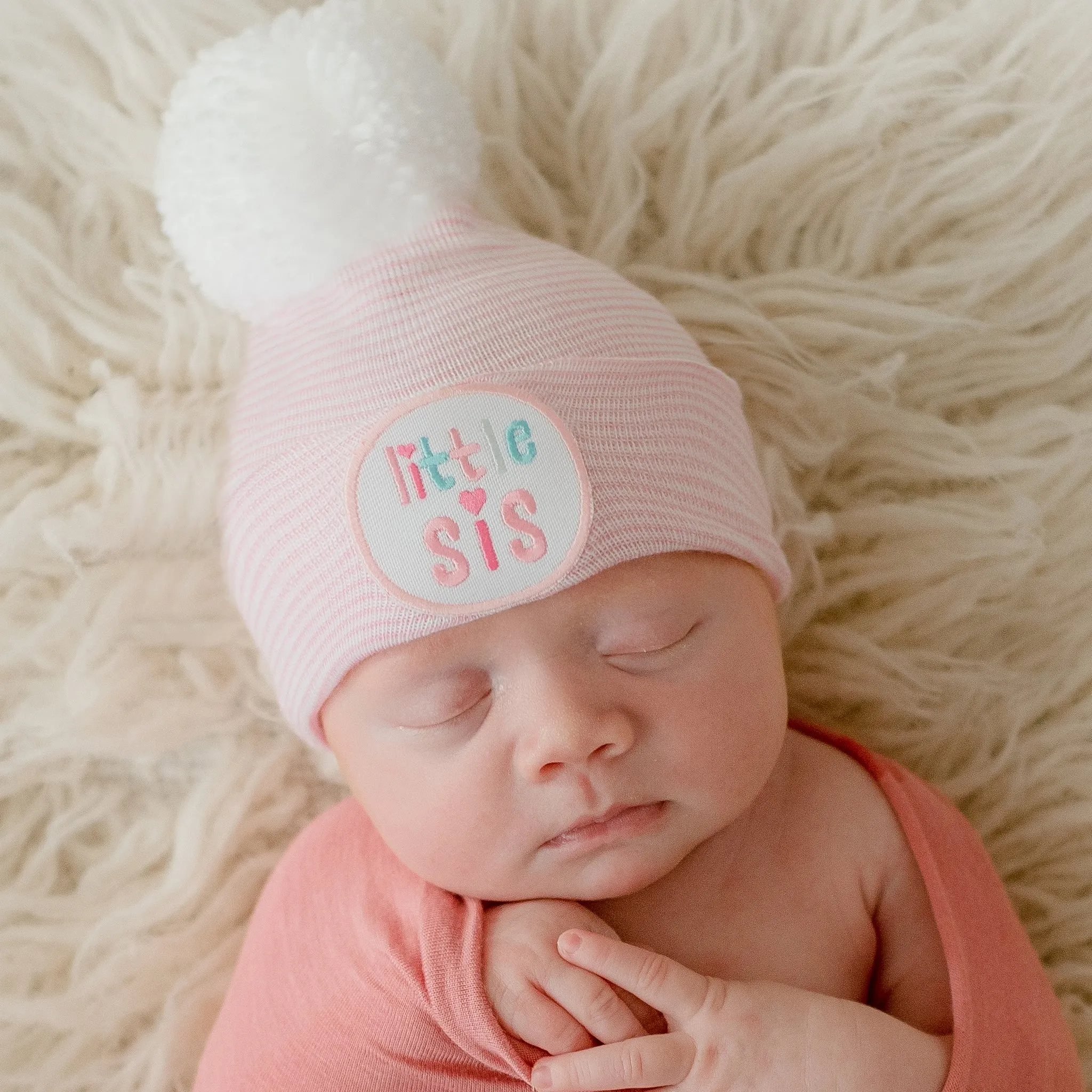 Pink Little Sis Newborn Hat w/ White Pom Pom