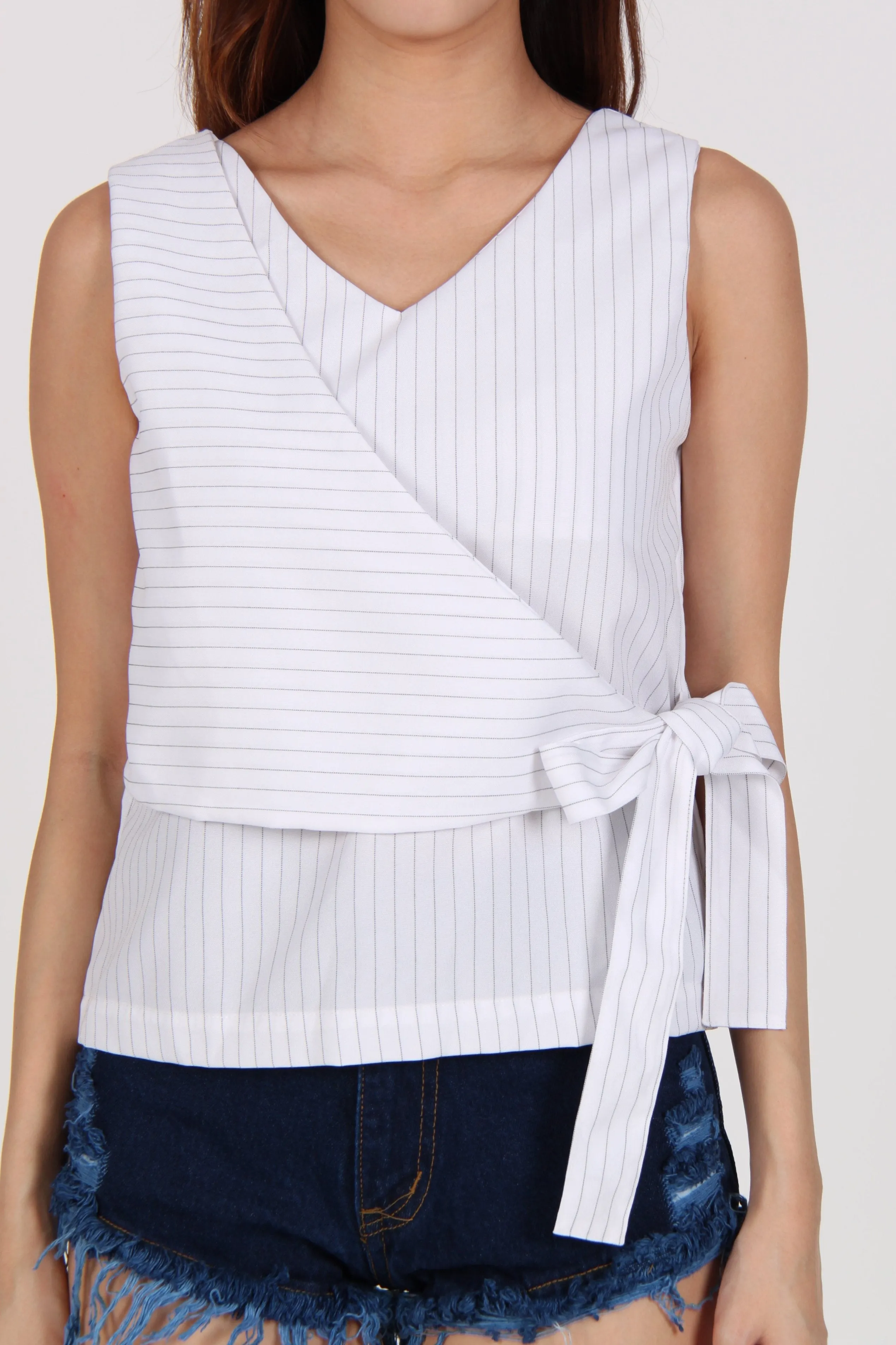 Pinstripe Sleeveless Side Overlap Top in White