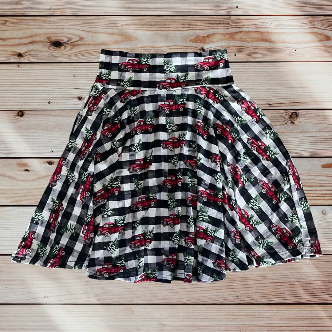 Plaid Christmas Trucks Swing Skirt with Pockets