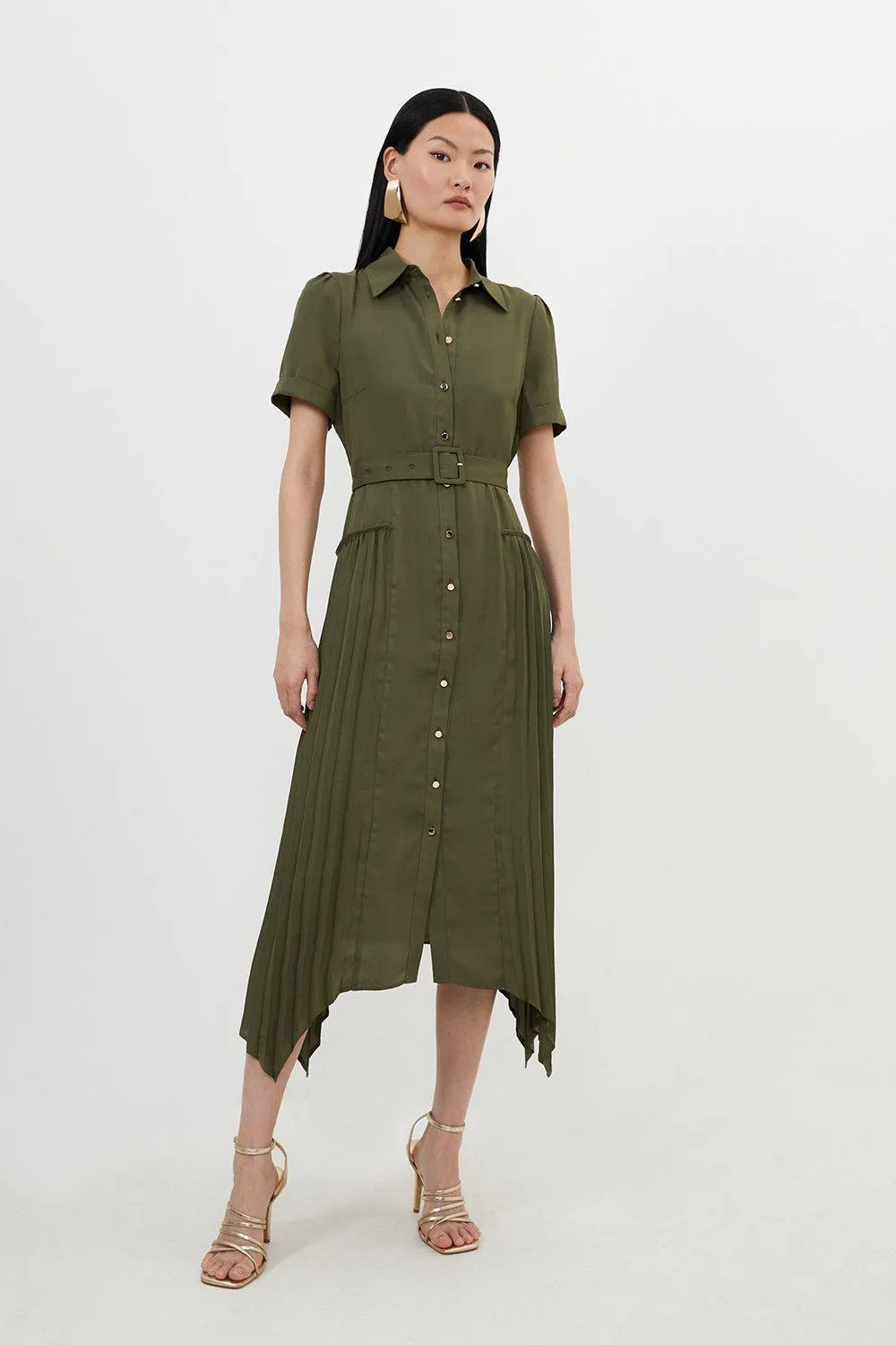 Pleated Georgette Woven Midi Shirt Dress | Karen Millen