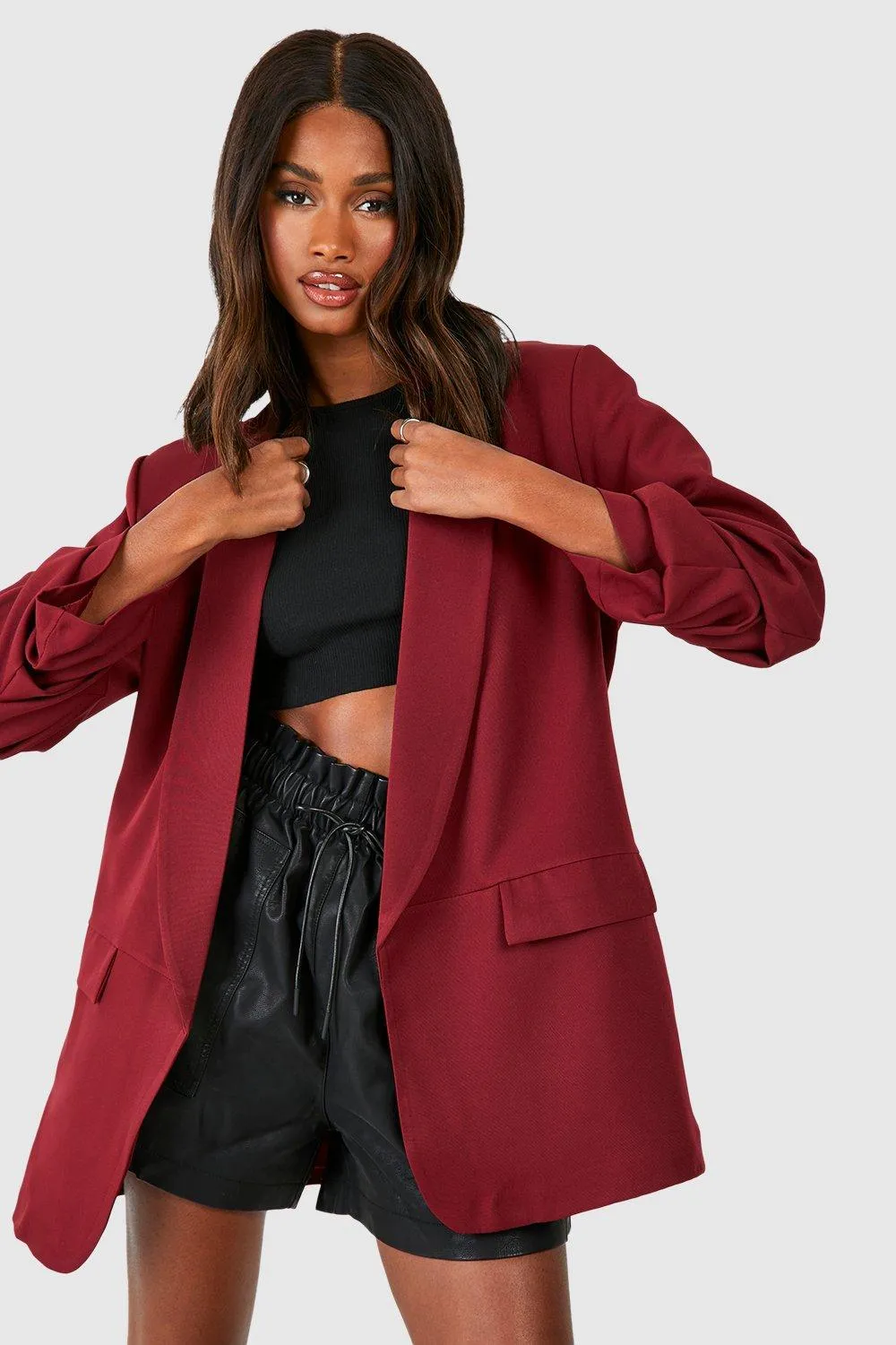 Plunge Lapel Ruched Sleeve Blazer